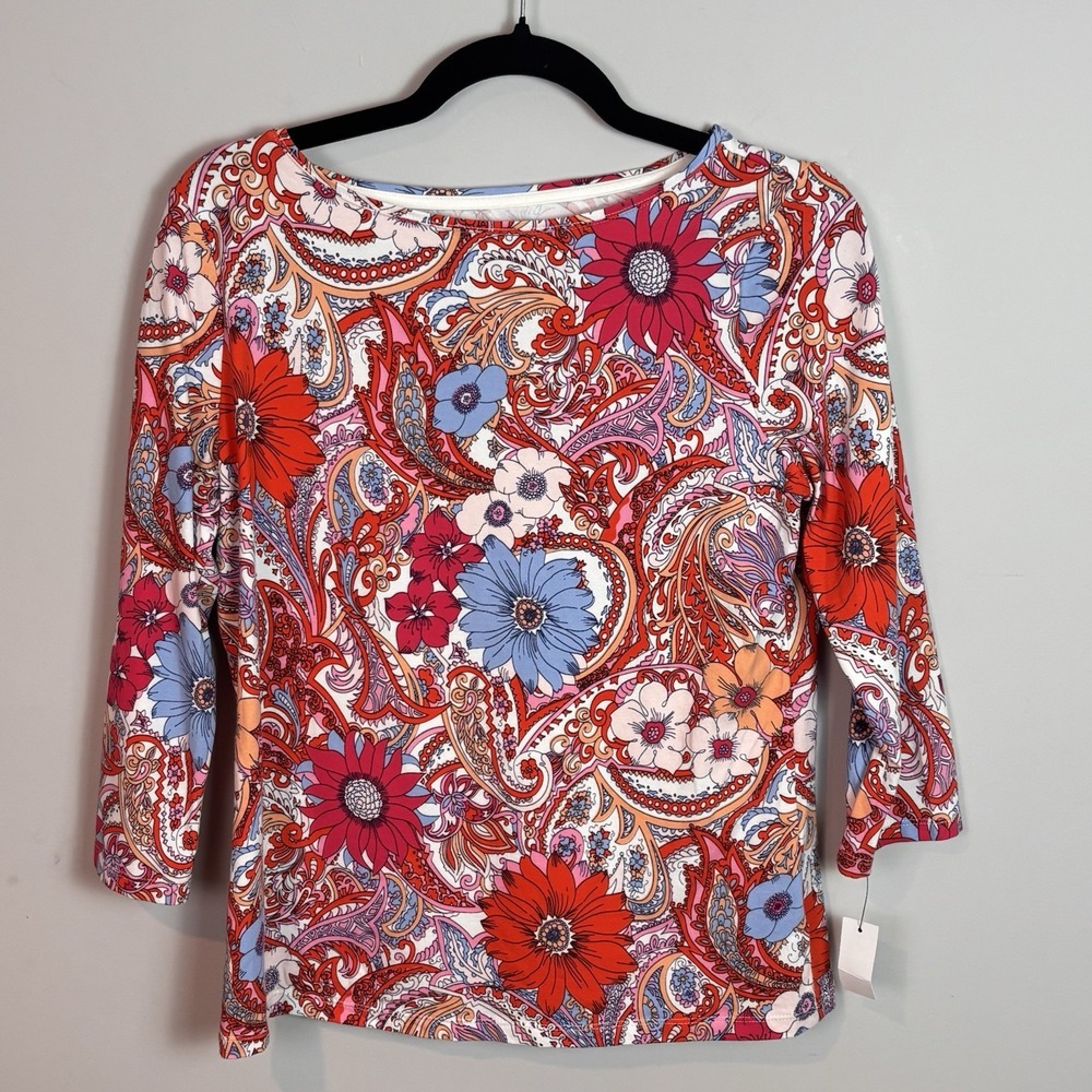 NWT The Talbots Tee Women's Red Floral Boatneck 3/4 Sleeve Tee SZ Petite Medium
